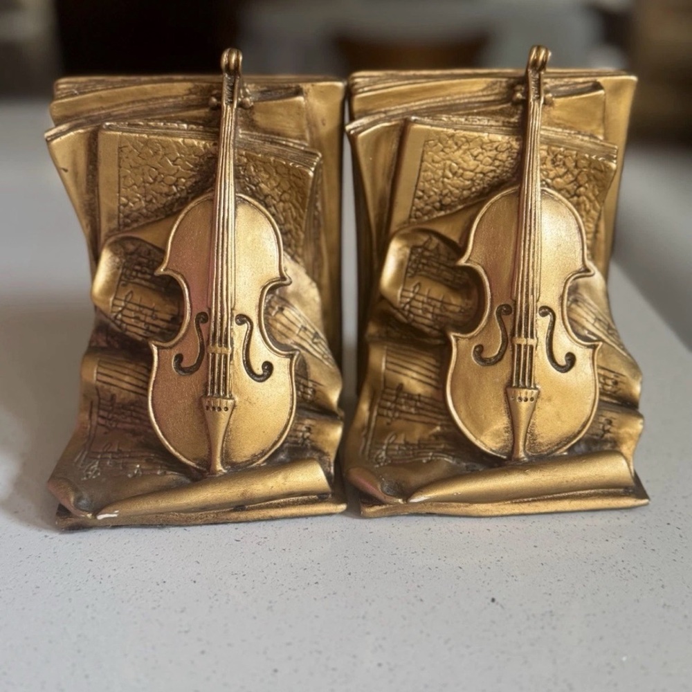 1964 Universal Statuary Corp Brown w Gold Gilding Bookends Paganini/Violin MCM